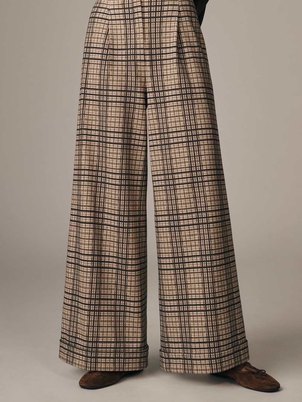 Tracy Reese Beige & Black Plaid Wide-Leg Pants